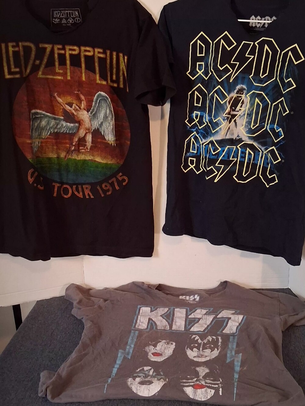 3 Band Short Sleeve Tees 2 med 1 Small Kiss,AC/DC,Led ZEPELIN, CUT JAGGED VNECK